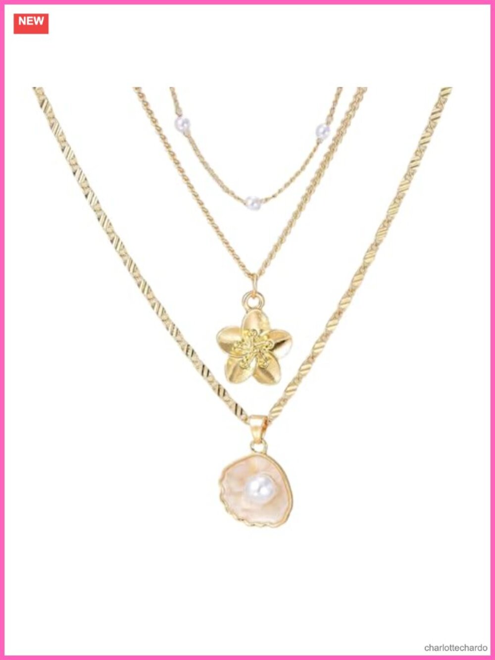 Gold Toned Layered Seashell Necklace Faux Pearl Beach Jewelry Women